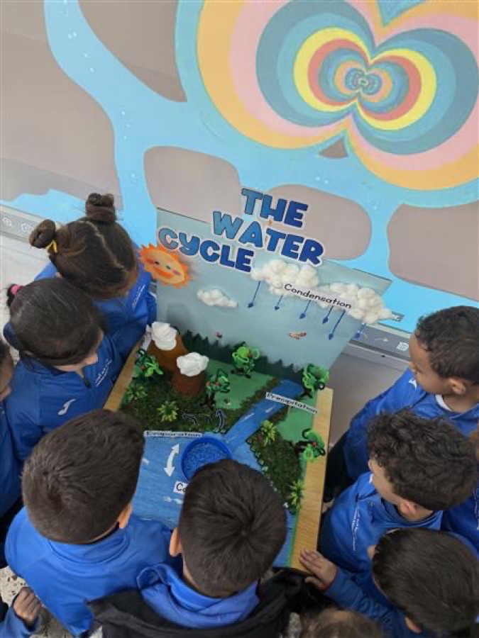 Pupils showing a model of the water cycle they made